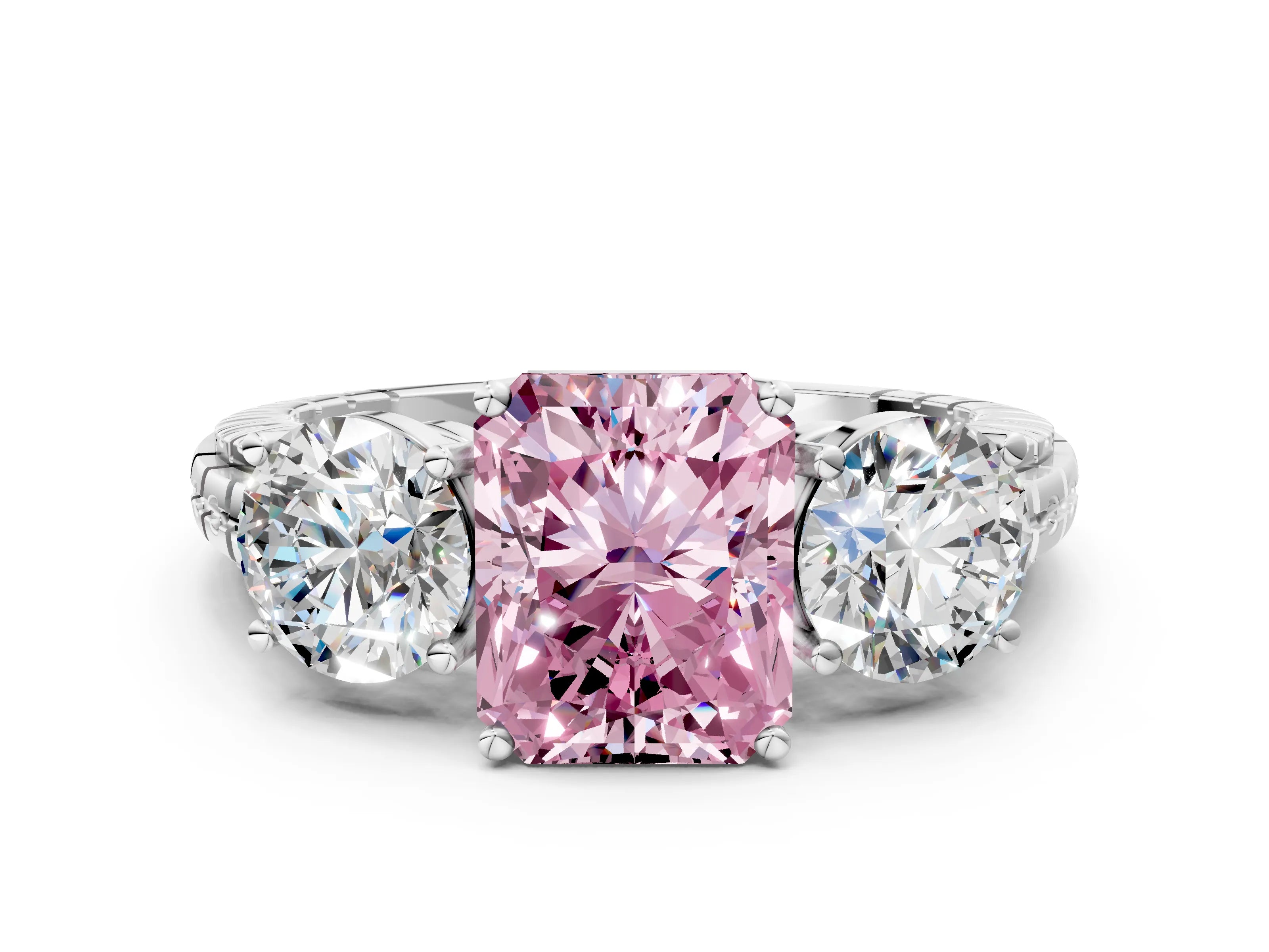 White gold Three-Stone Fancy Pink Radiant Cut Cut Diamond Ring with Channel-Set Band and Prong Setting