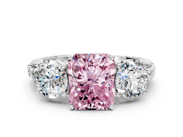 Sterling Silver Radiant Cut Three-Stone Engagement Ring Setting for Fancy Pink Center with Engraved Notched Band