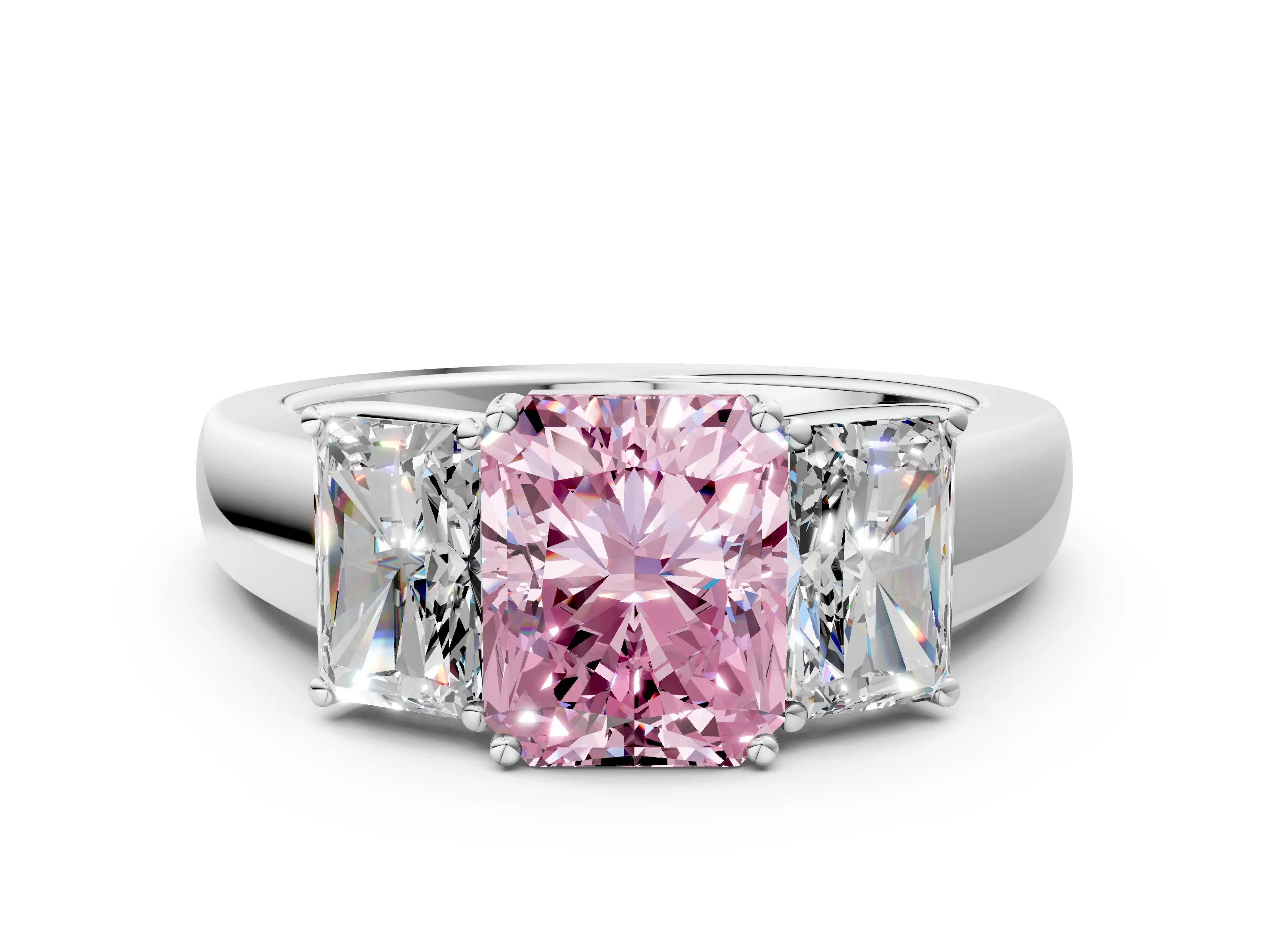 White gold Three-Stone Fancy Pink Radiant Cut Cut Diamond Ring with Prong Setting and Classic Band