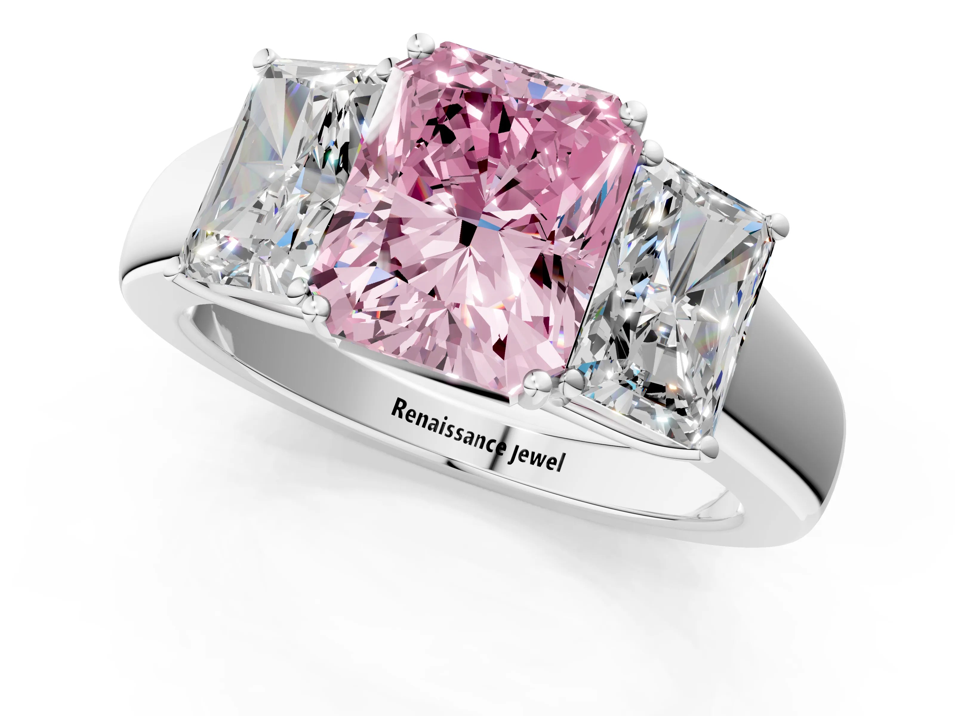 White gold Three-Stone Fancy Pink Radiant Cut Cut Diamond Ring with Prong Setting and Classic Band_1