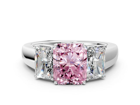 White gold Three-Stone Fancy Pink Radiant Cut Cut Diamond Ring with Prong Setting and Classic Band