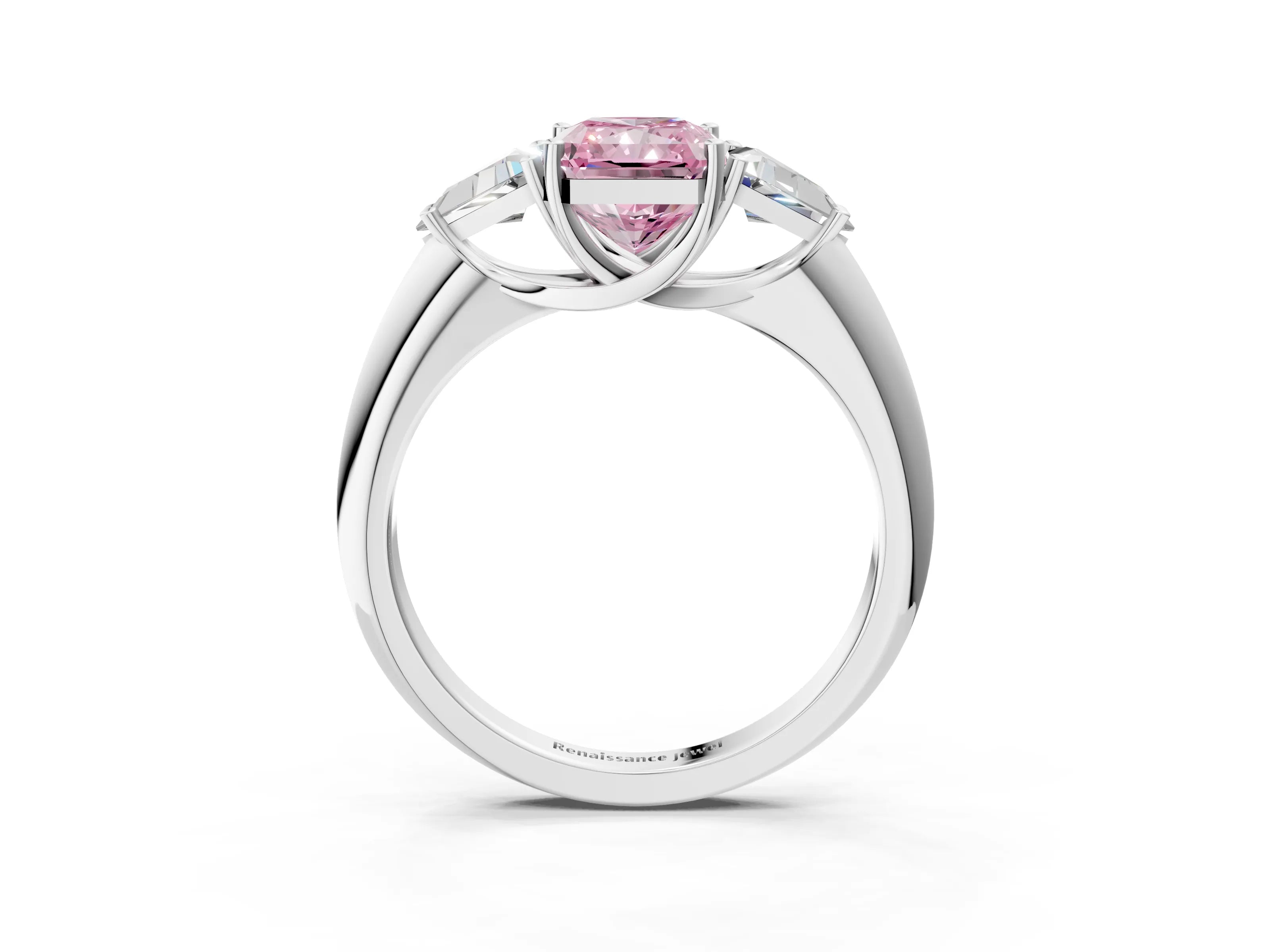 White gold Three-Stone Fancy Pink Radiant Cut Cut Diamond Ring with Trillion Side Stones and Four-Prong Setting_14