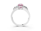 White gold Three-Stone Fancy Pink Radiant Cut Cut Diamond Ring with Trillion Side Stones on a Split Shank Band_3