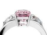 White gold Three-Stone Fancy Pink Radiant Cut Cut Diamond Ring with Trillion Side Stones on a Split Shank Band_4