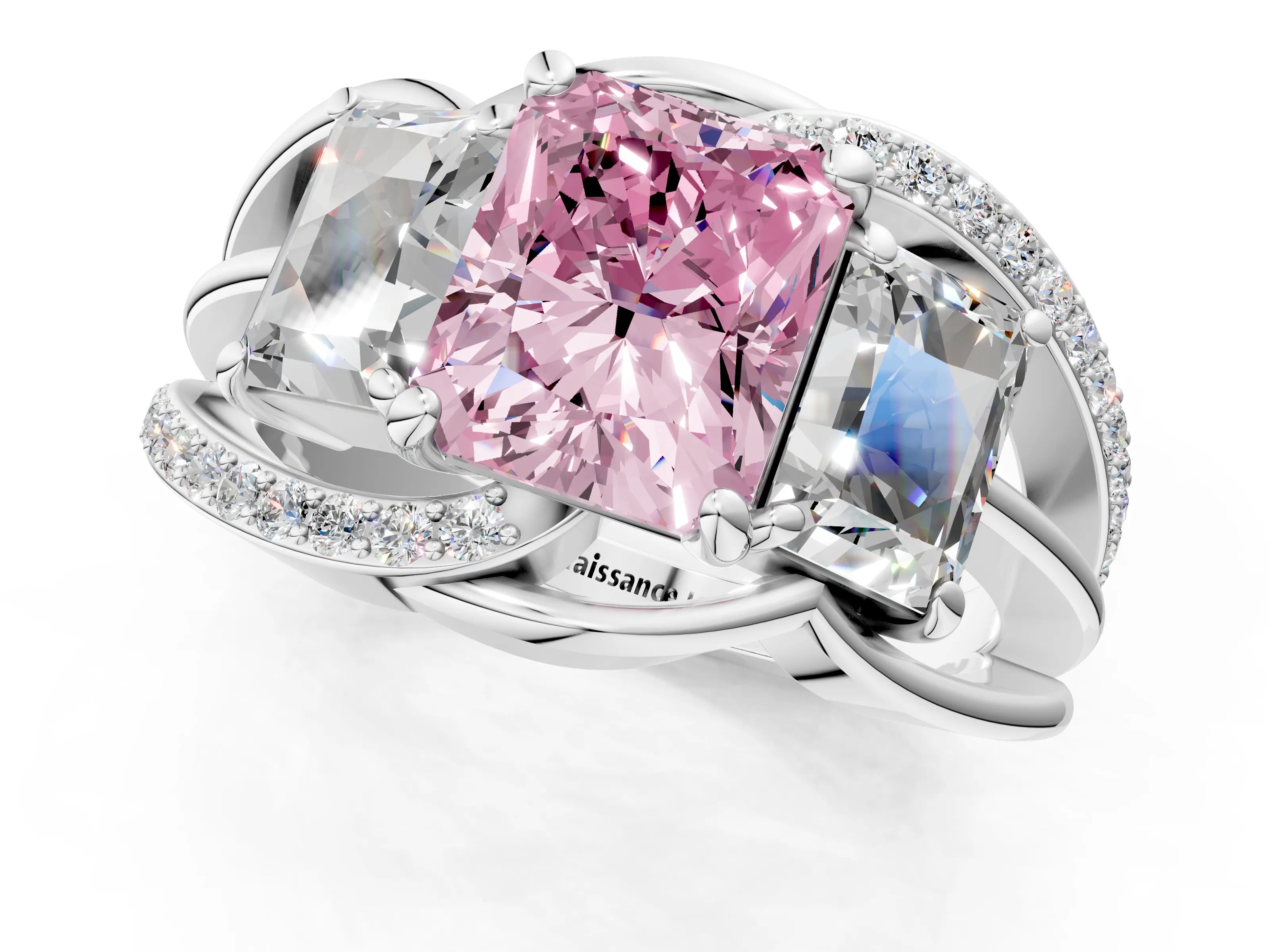 White gold Three-Stone Fancy Pink Radiant Cut Cut Diamond Split Shank Prong Set Ring_25