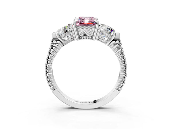 White Gold Radiant Cut Vintage Three Stone Engagement Ring Setting for Fancy Pink Center