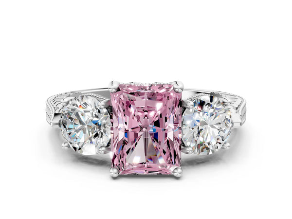 White Gold Radiant Cut Vintage Three Stone Engagement Ring Setting for Fancy Pink Center
