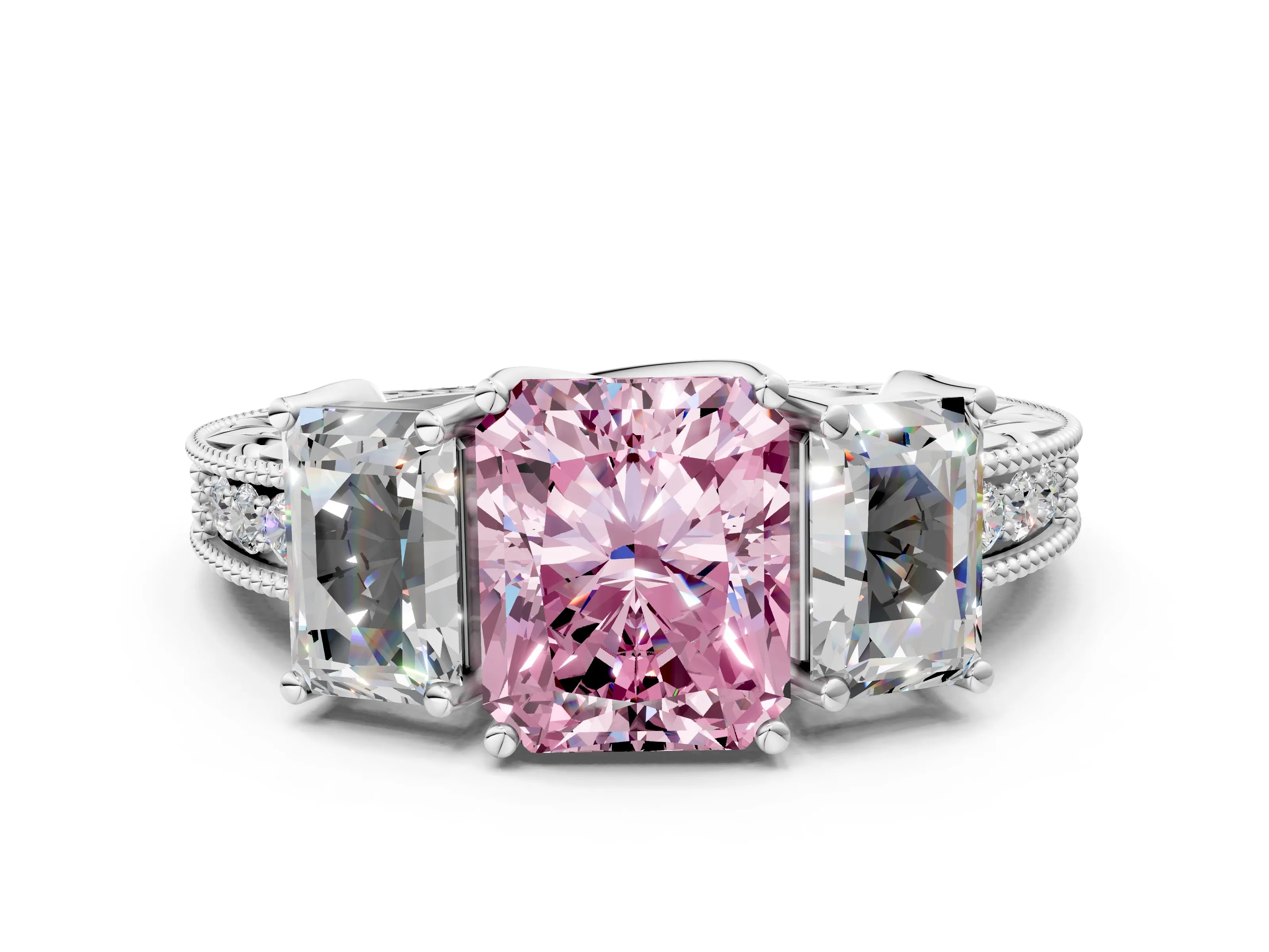 White gold Three-Stone Fancy Pink Radiant Cut Cut Milgrain Pavé Engagement Ring_12
