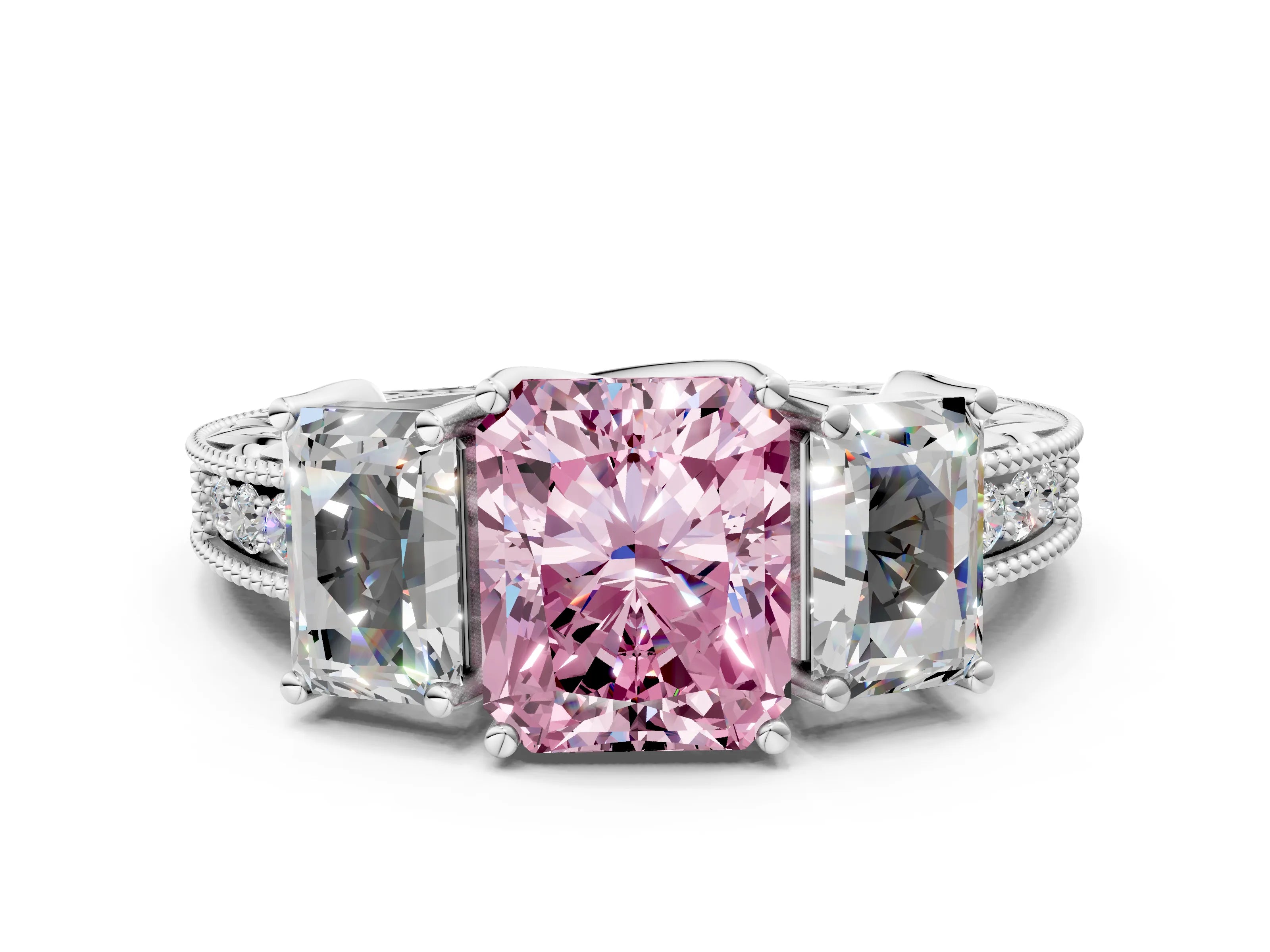White gold Three-Stone Fancy Pink Radiant Cut Cut Milgrain Pavé Engagement Ring_12
