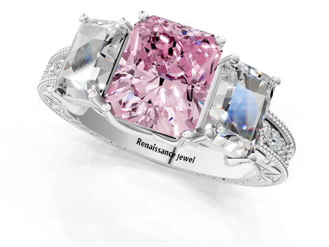 White gold Three-Stone Fancy Pink Radiant Cut Cut Milgrain Pavé Engagement Ring_13