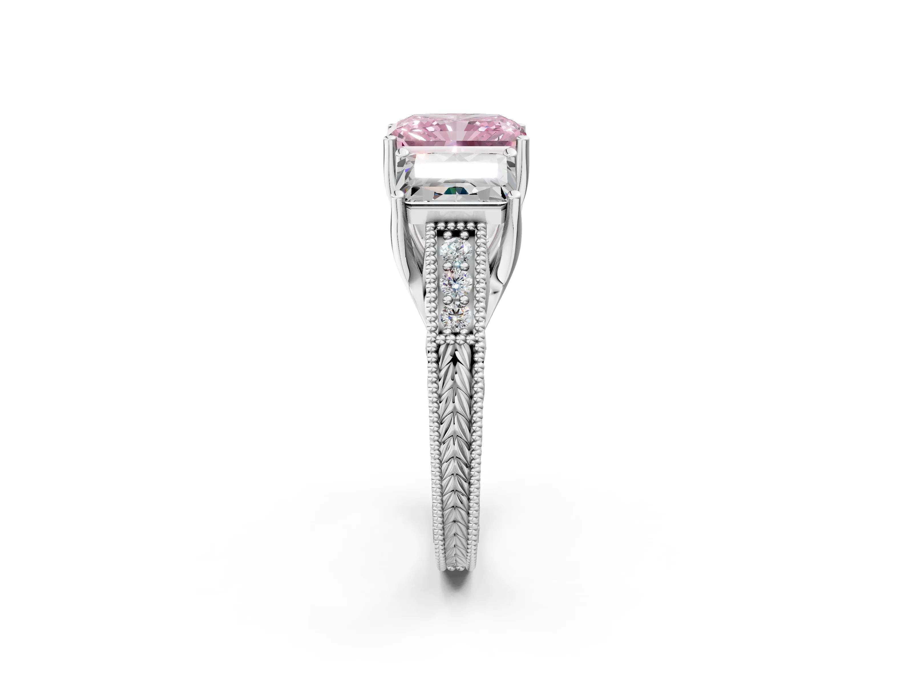 White gold Three-Stone Fancy Pink Radiant Cut Cut Milgrain Pavé Engagement Ring_14