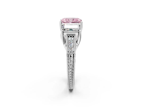 White Gold Radiant Cut Engraved Three Stone Engagement Ring Setting for Fancy Pink Center