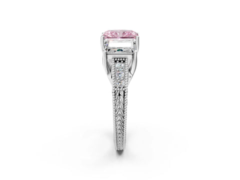White gold Three-Stone Fancy Pink Radiant Cut Cut Milgrain Pavé Engagement Ring_14