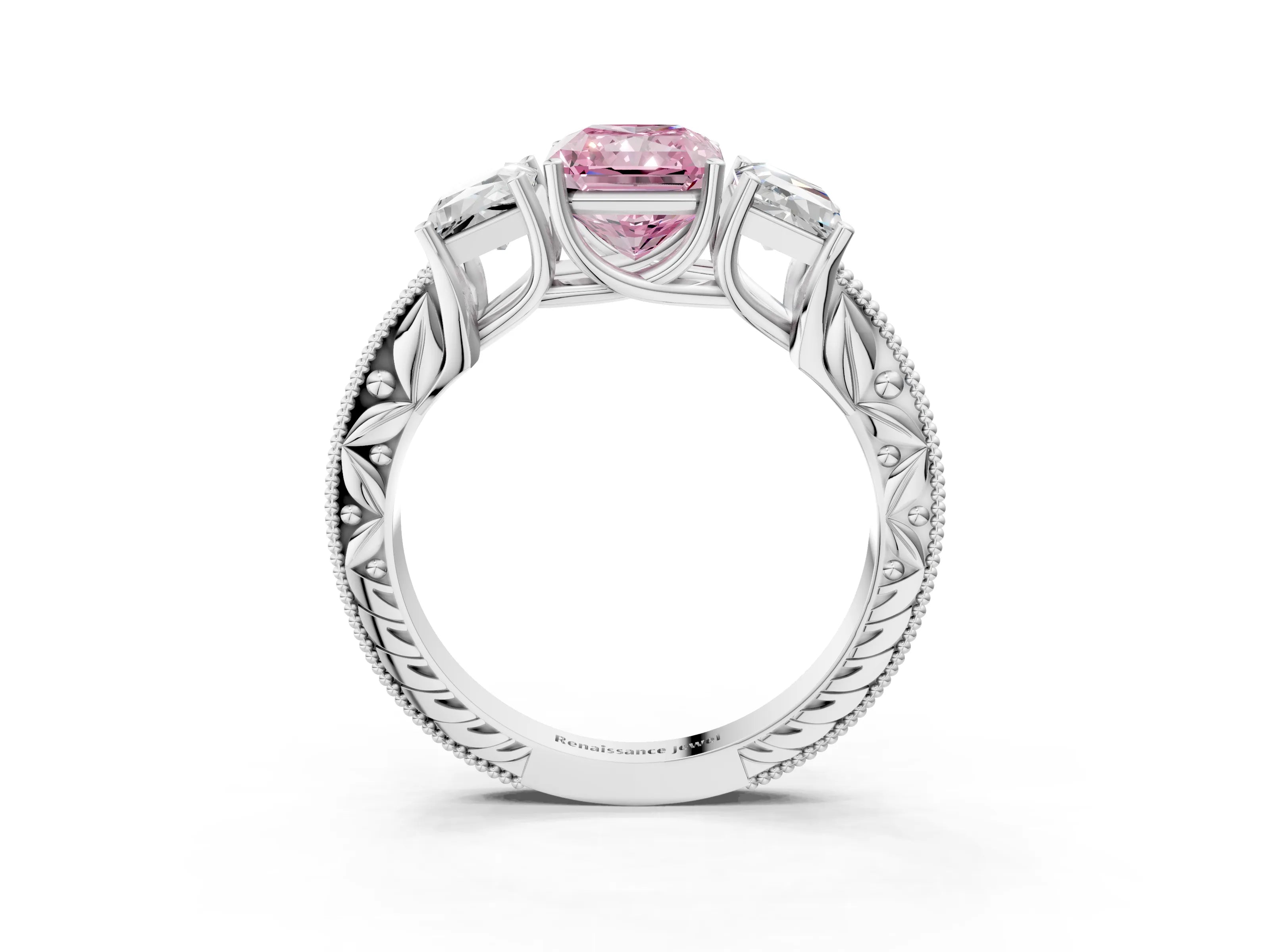 White gold Three-Stone Fancy Pink Radiant Cut Cut Milgrain Pavé Engagement Ring_15