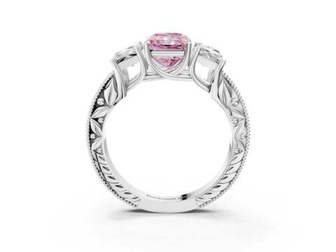 White gold Three-Stone Fancy Pink Radiant Cut Cut Milgrain Pavé Engagement Ring_15