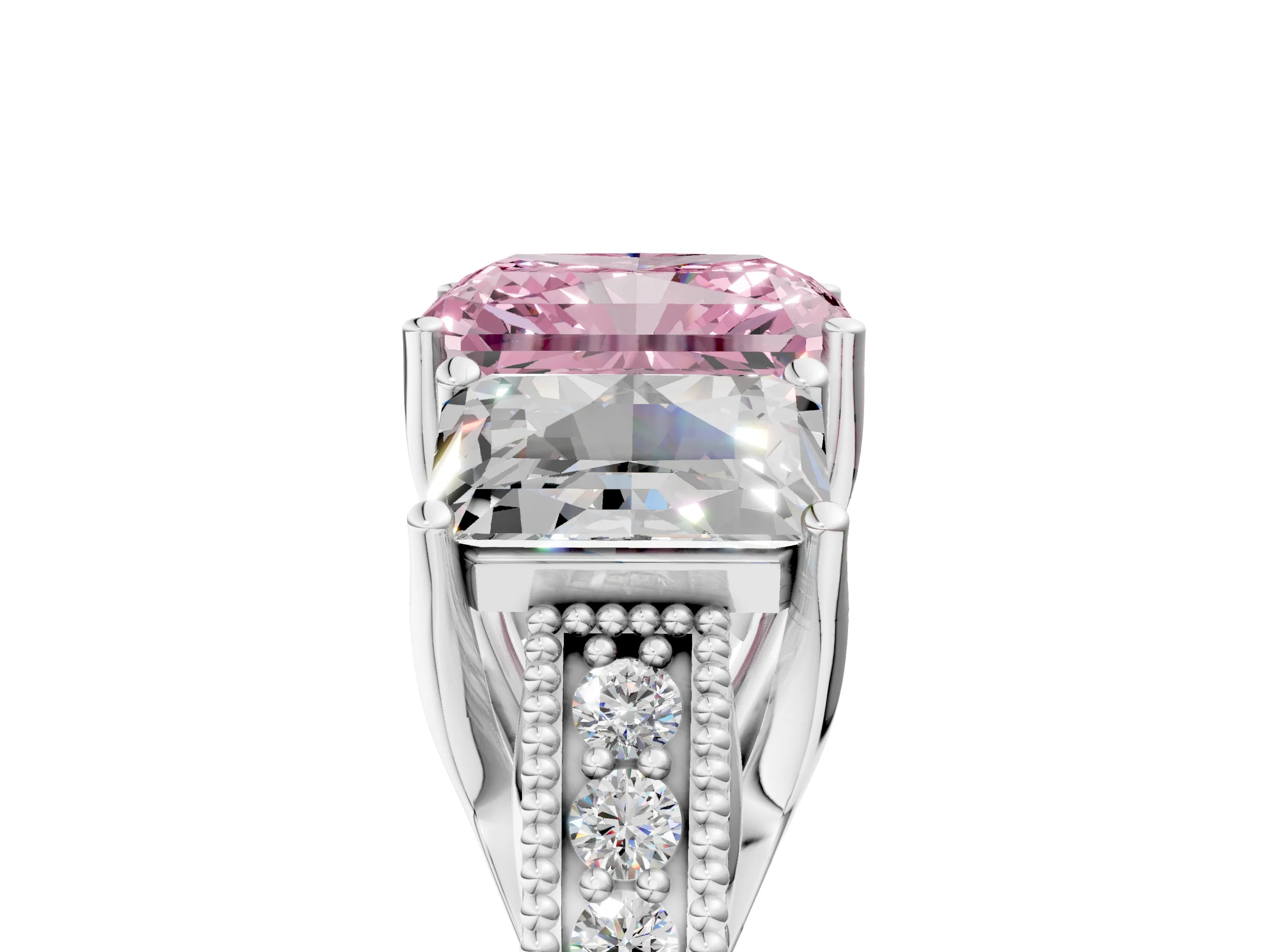 White gold Three-Stone Fancy Pink Radiant Cut Cut Milgrain Pavé Engagement Ring_17
