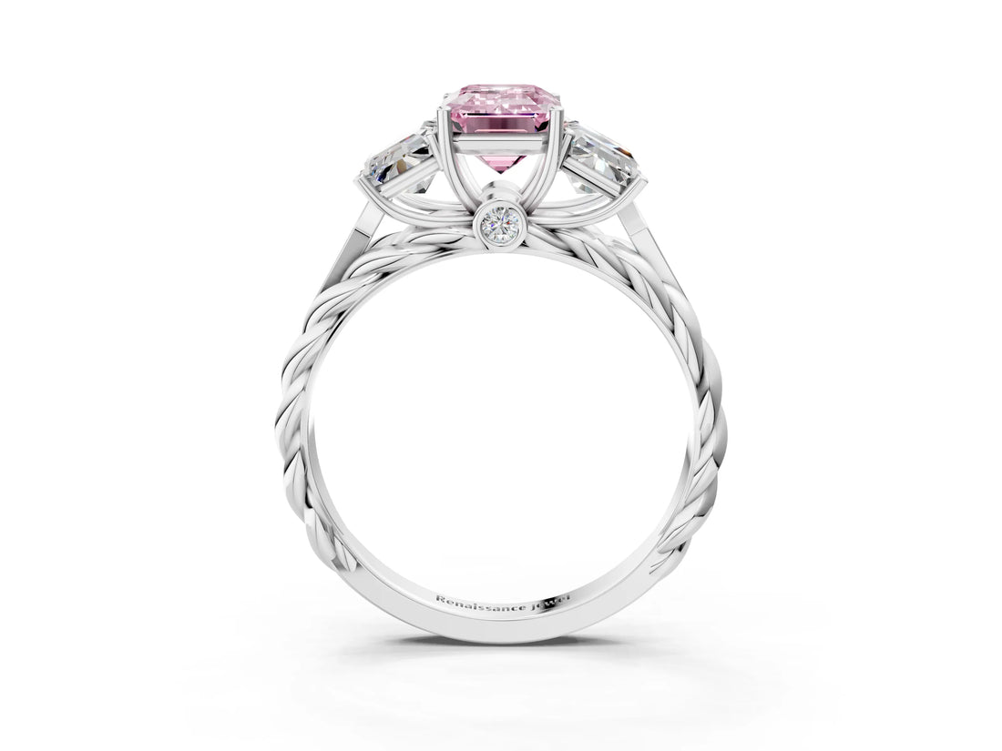 White gold Three-Stone Fancy Pink Radiant Cut Diamond Braided Band Ring with Four-Prong Setting_105