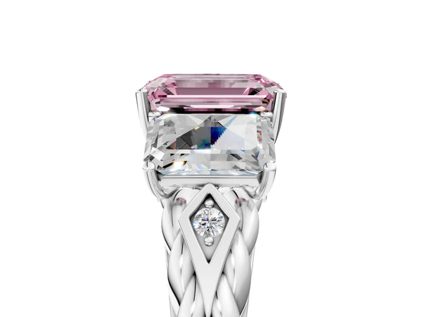 Platinum Three-Stone Fancy Pink Radiant Cut Diamond Braided Band Ring with Four-Prong Setting
