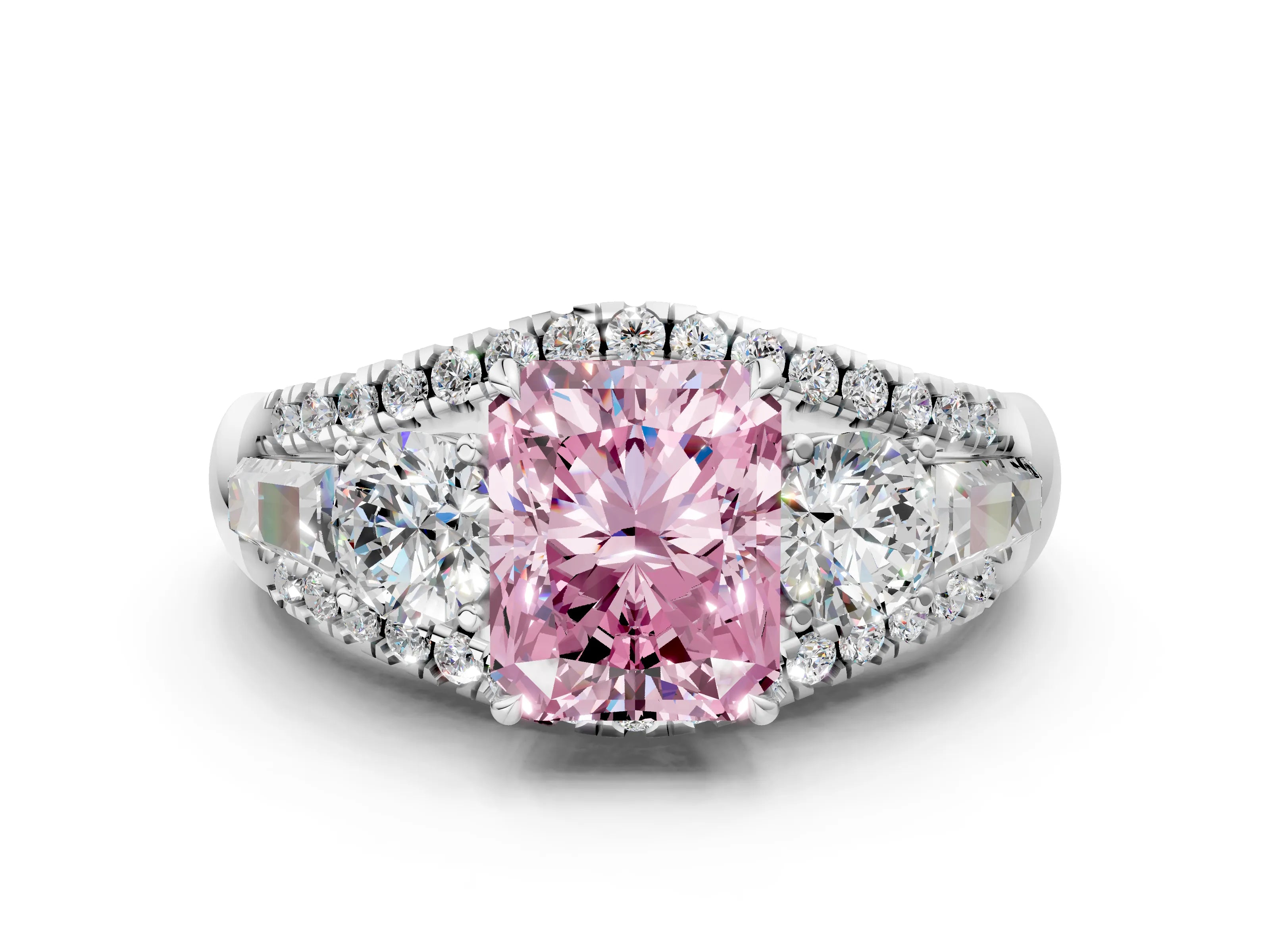 White gold Three-Stone Fancy Pink Radiant Cut Diamond Engagement Ring with Pave Band and Prong Setting_12