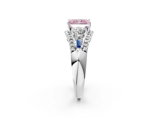 Platinum Three-Stone Fancy Pink Radiant Cut Diamond Engagement Ring with Pave Band and Prong Setting