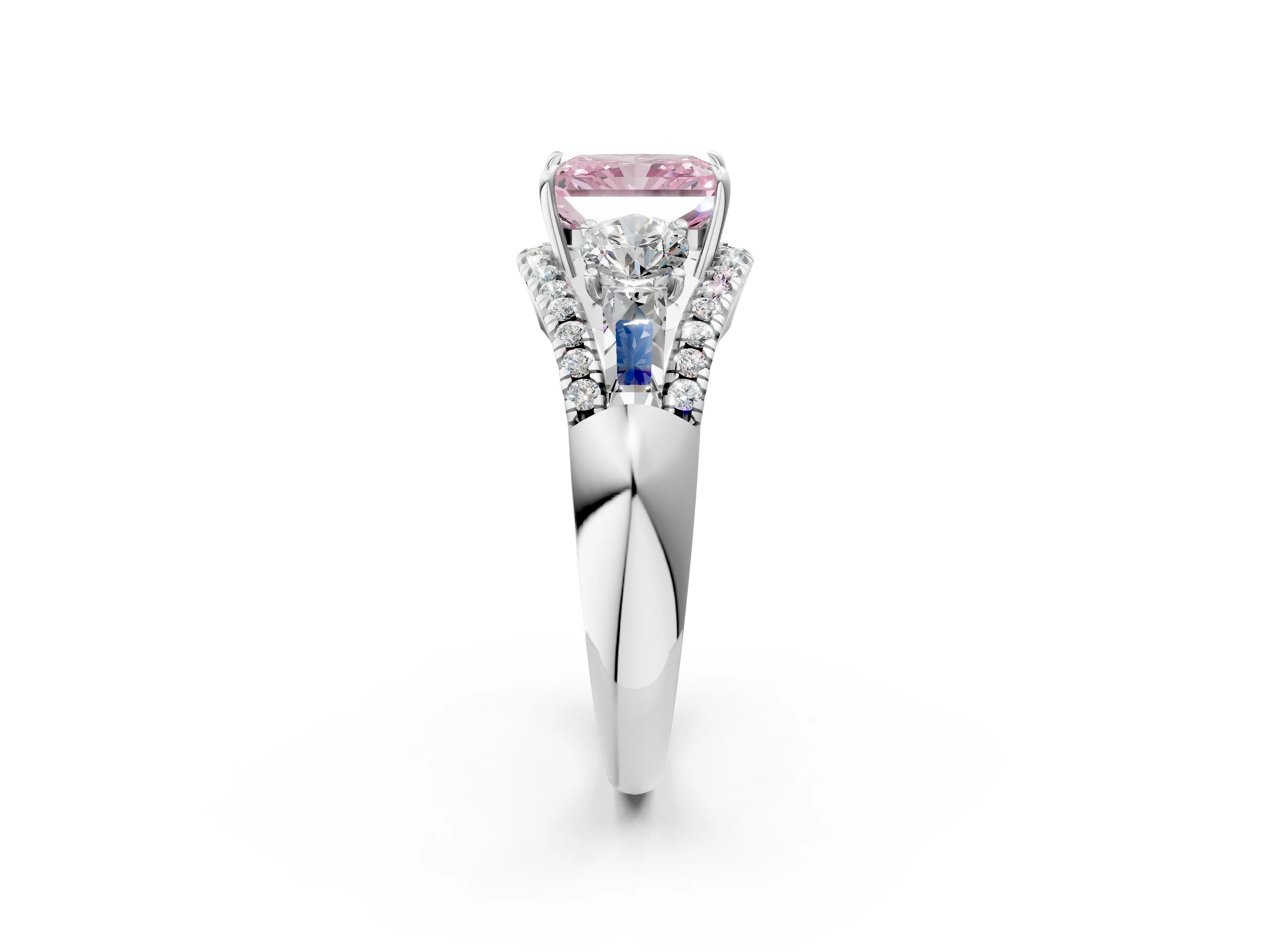 White gold Three-Stone Fancy Pink Radiant Cut Diamond Engagement Ring with Pave Band and Prong Setting_14
