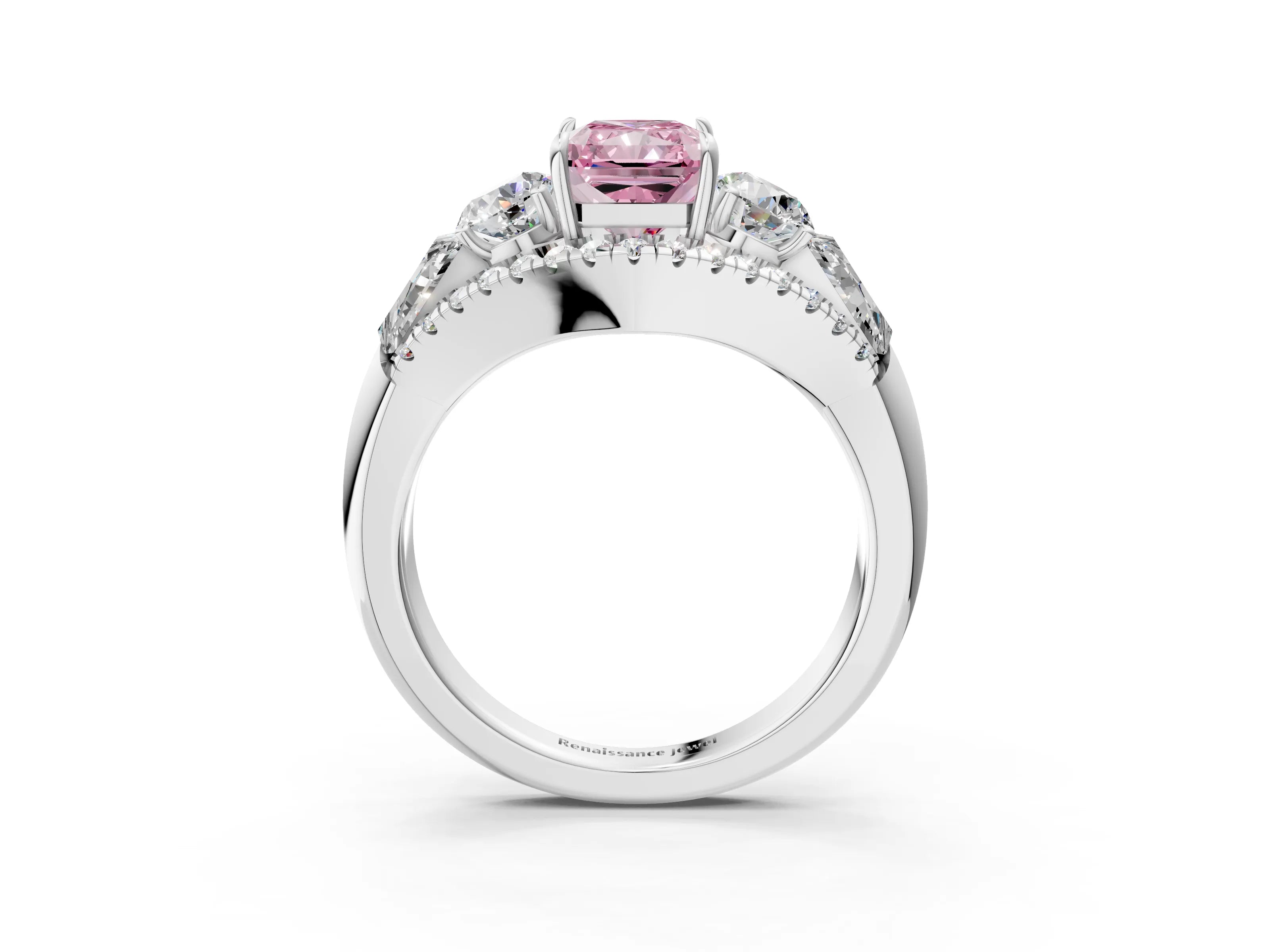 White gold Three-Stone Fancy Pink Radiant Cut Diamond Engagement Ring with Pave Band and Prong Setting_15