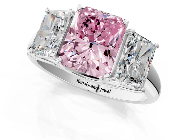 White Gold Radiant Cut Trellis Three Stone Engagement Ring Setting for Fancy Pink Center