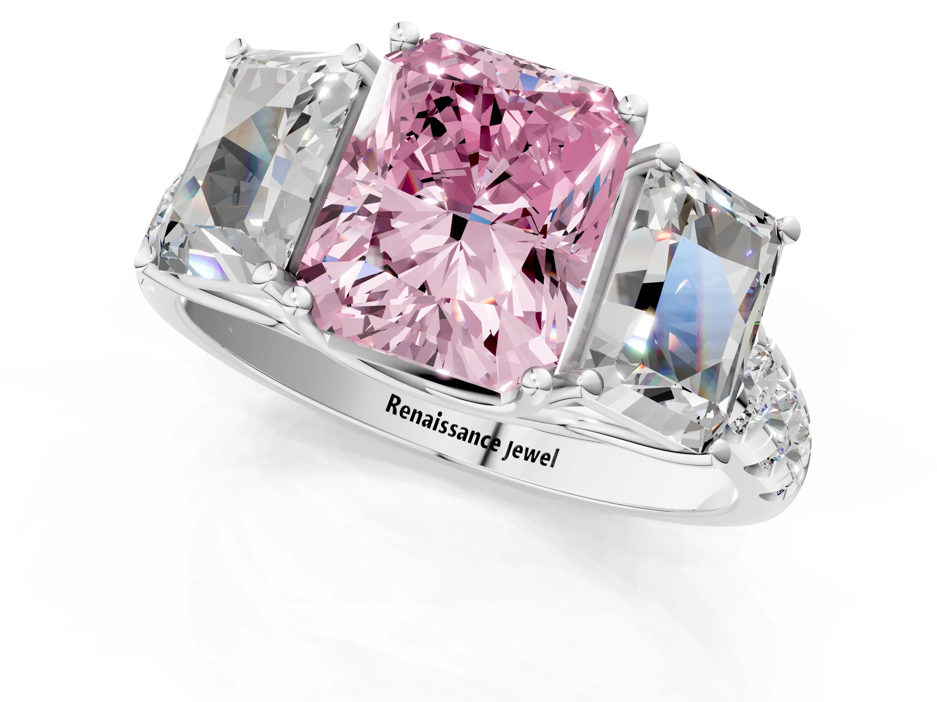 White gold Three-Stone Fancy Pink Radiant Cut Diamond Pavé Band with Prong Setting_13