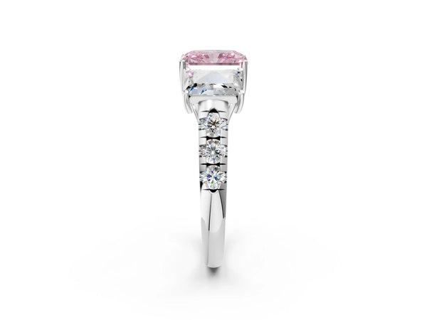 Platinum Three-Stone Fancy Pink Radiant Cut Diamond Pavé Band with Prong Setting