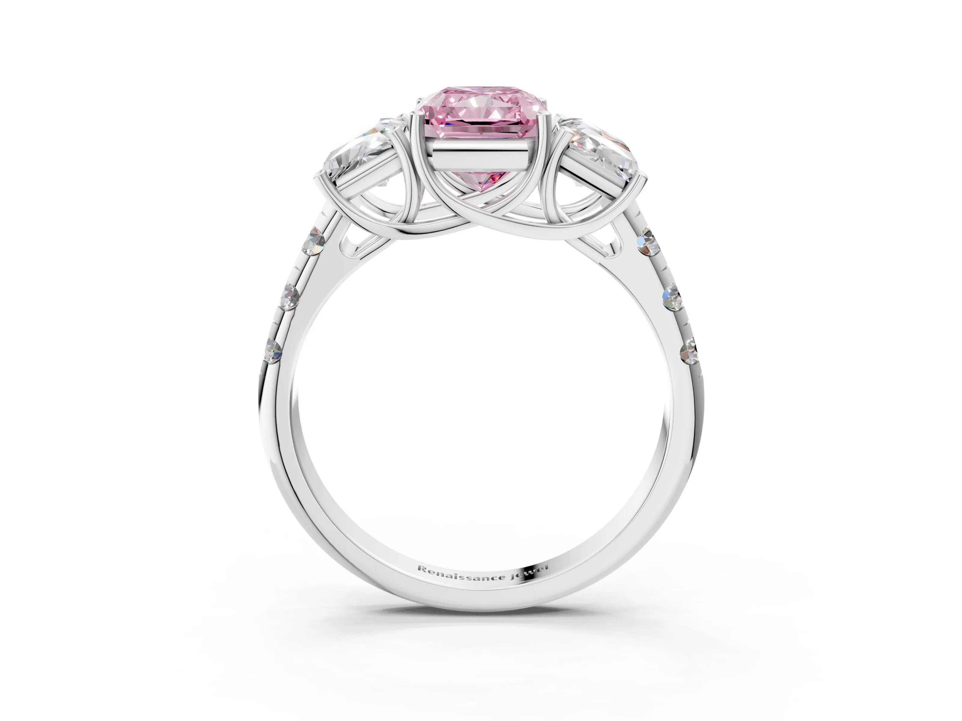 White gold Three-Stone Fancy Pink Radiant Cut Diamond Pavé Band with Prong Setting_15