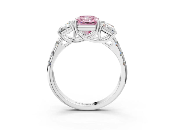 Platinum Three-Stone Fancy Pink Radiant Cut Diamond Pavé Band with Prong Setting
