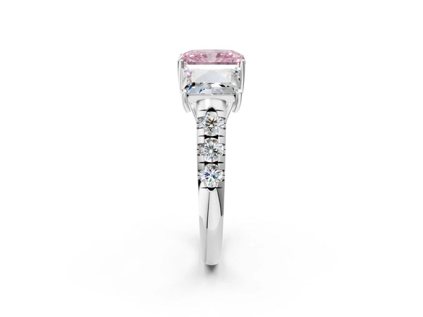 Platinum Three-Stone Fancy Pink Radiant Cut Diamond Pavé Band with Prong Setting