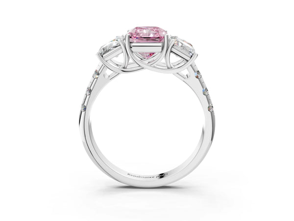 Platinum Three-Stone Fancy Pink Radiant Cut Diamond Pavé Band with Prong Setting