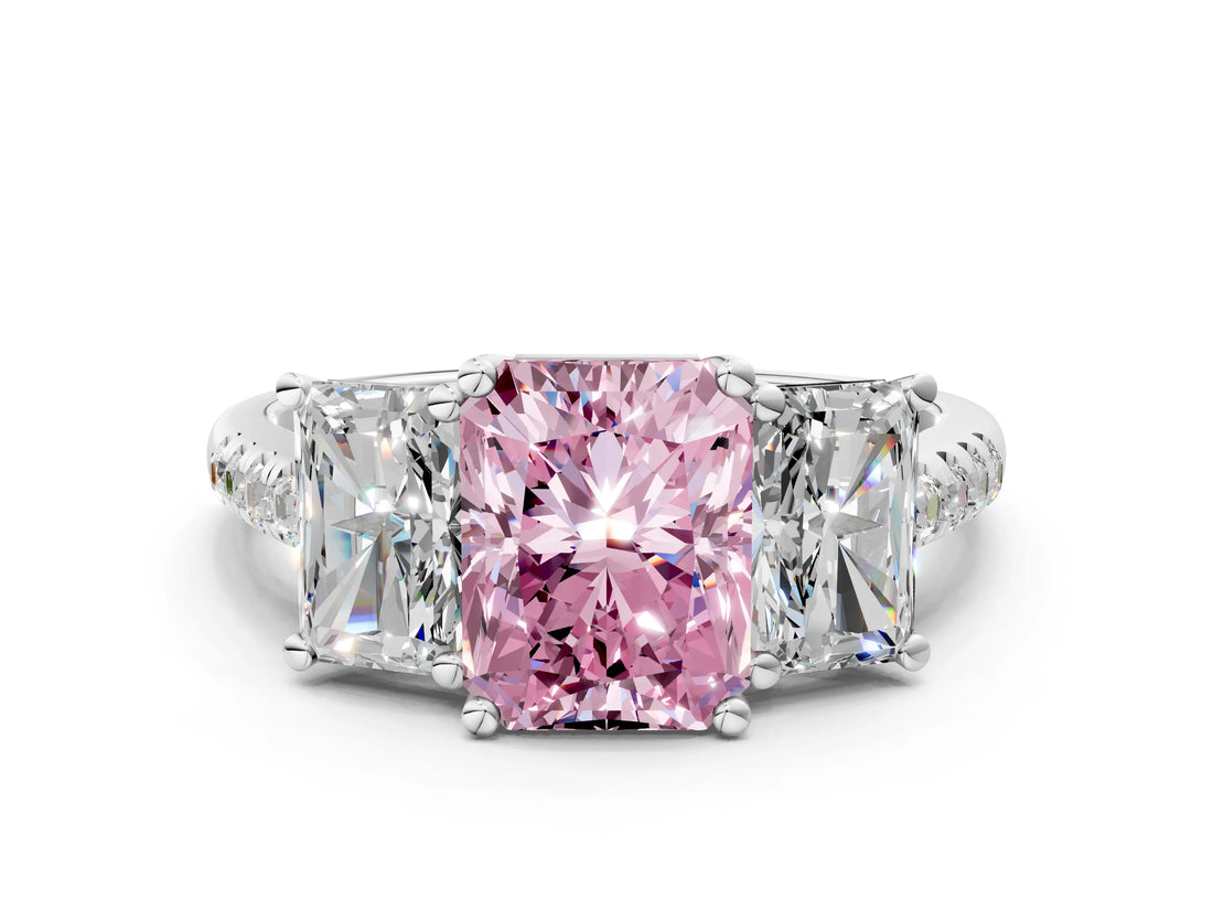 White gold Three-Stone Fancy Pink Radiant Cut Diamond Ring with Pavé Band and Prong Setting_138