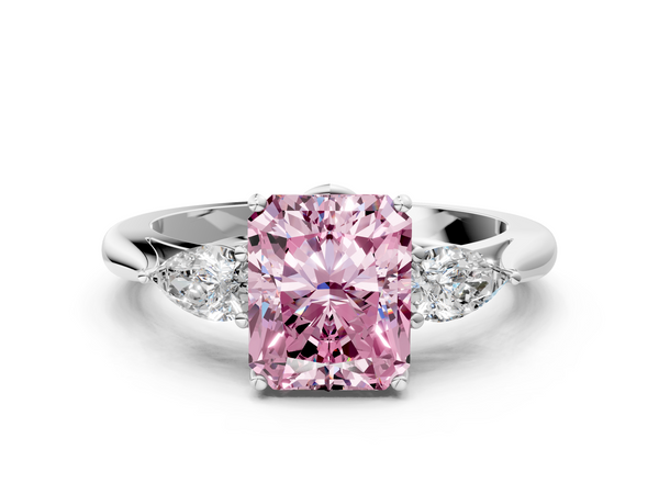 Platinum Three-Stone Fancy Pink Radiant  Cut Diamond Ring with Pear Side Stones in Four-Prong Setting