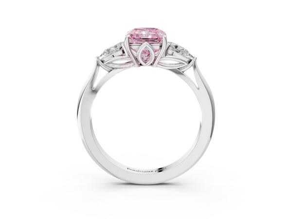 Platinum Three-Stone Fancy Pink Radiant  Cut Diamond Ring with Pear Side Stones in Four-Prong Setting