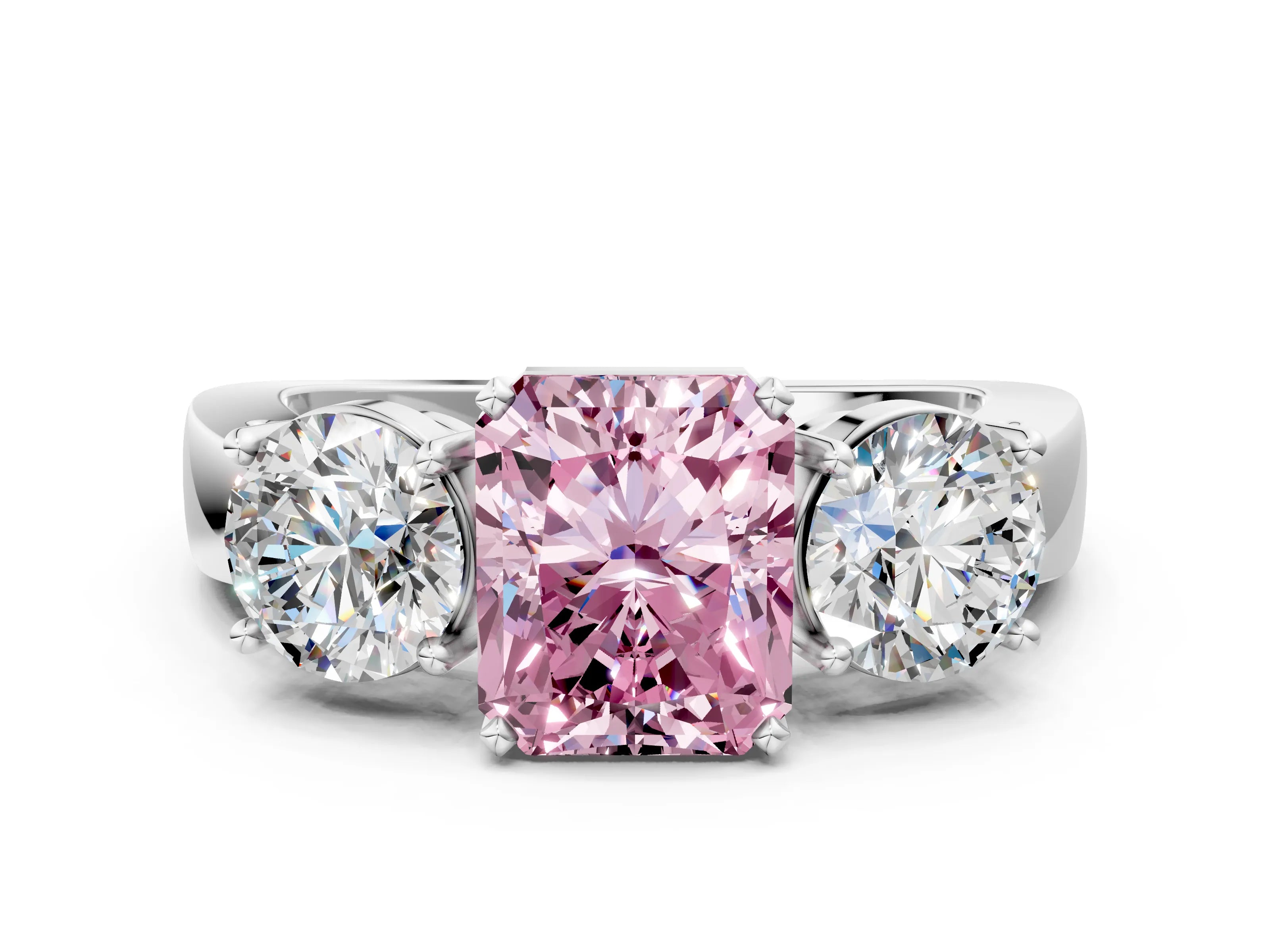 White gold Three-Stone Fancy Pink Radiant Cut Diamond Ring with Round Side Stones, Classic Band, and Four-Prong Setting