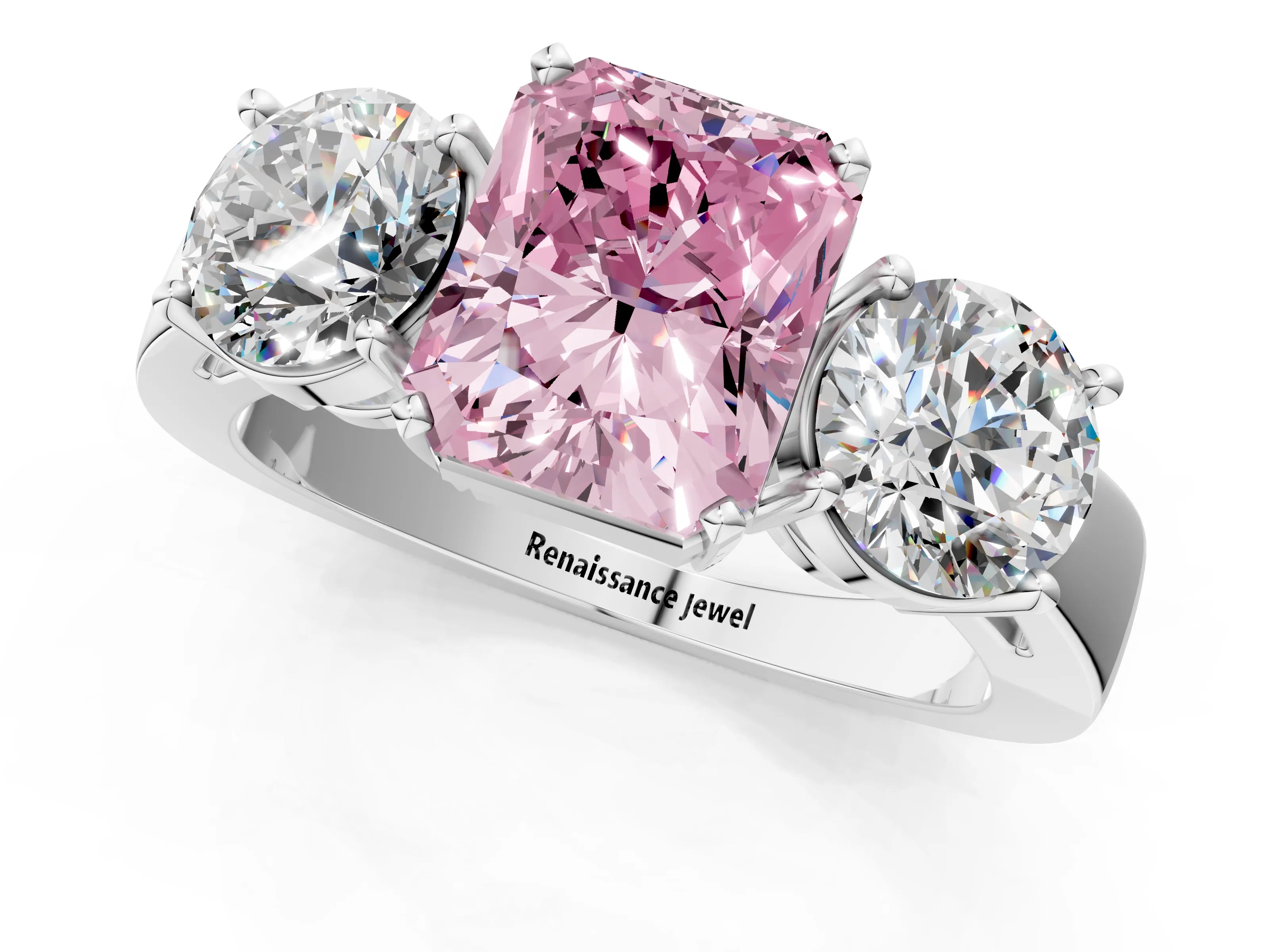 White gold Three-Stone Fancy Pink Radiant Cut Diamond Ring with Round Side Stones, Classic Band, and Four-Prong Setting_1
