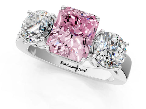 White gold Three-Stone Fancy Pink Radiant Cut Diamond Ring with Round Side Stones, Classic Band, and Four-Prong Setting_1