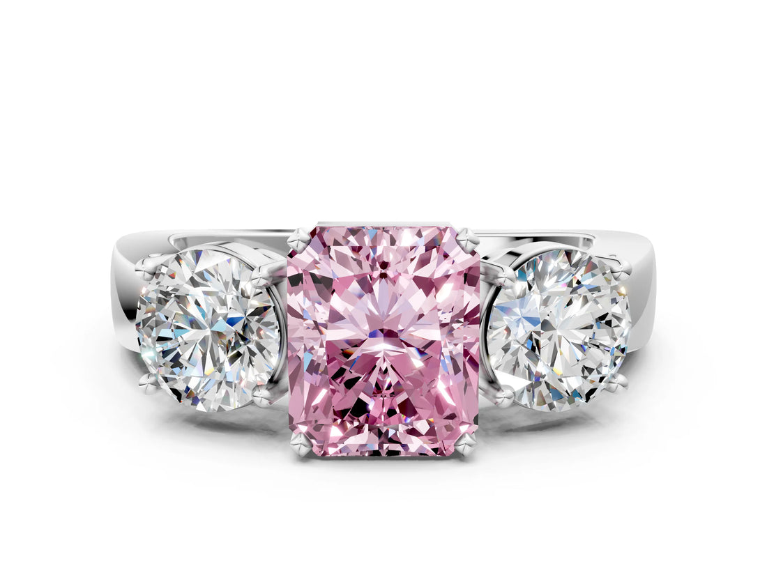 White gold Three-Stone Fancy Pink Radiant Cut Diamond Ring with Round Side Stones, Classic Band, and Four-Prong Setting