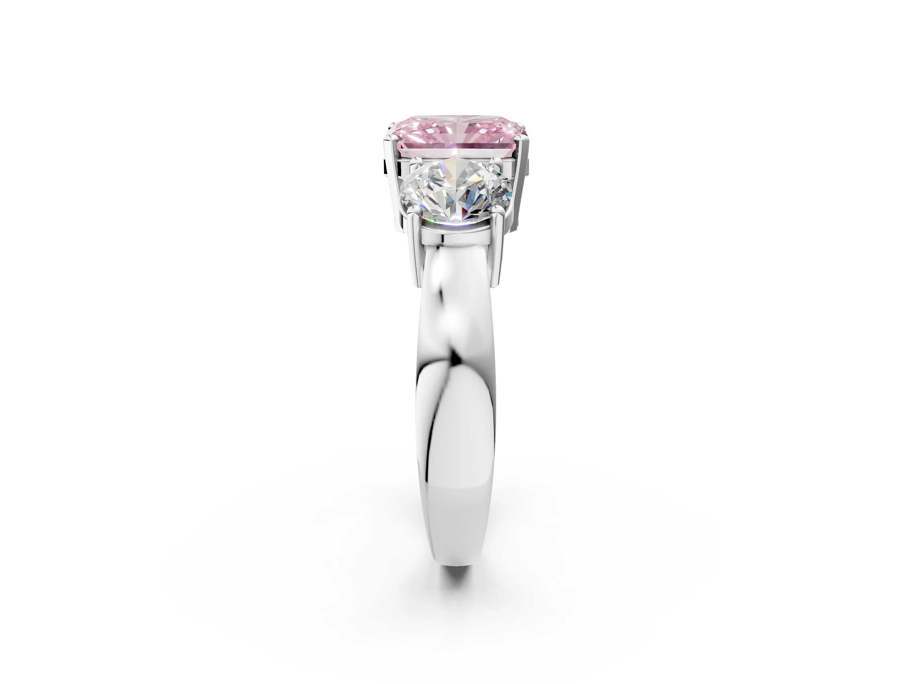 White gold Three-Stone Fancy Pink Radiant Cut Diamond Ring with Round Side Stones, Classic Band, and Four-Prong Setting_2