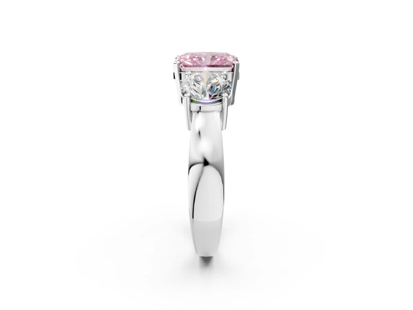 White gold Three-Stone Fancy Pink Radiant Cut Diamond Ring with Round Side Stones, Classic Band, and Four-Prong Setting