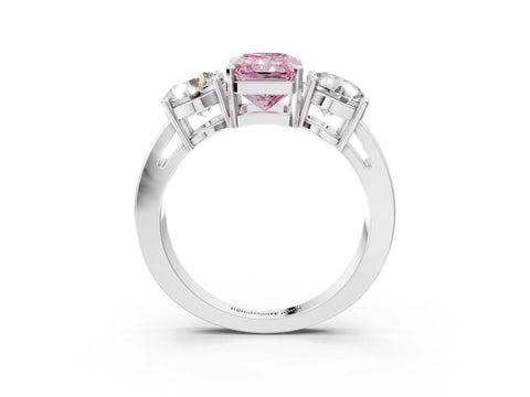 White gold Three-Stone Fancy Pink Radiant Cut Diamond Ring with Round Side Stones, Classic Band, and Four-Prong Setting_3