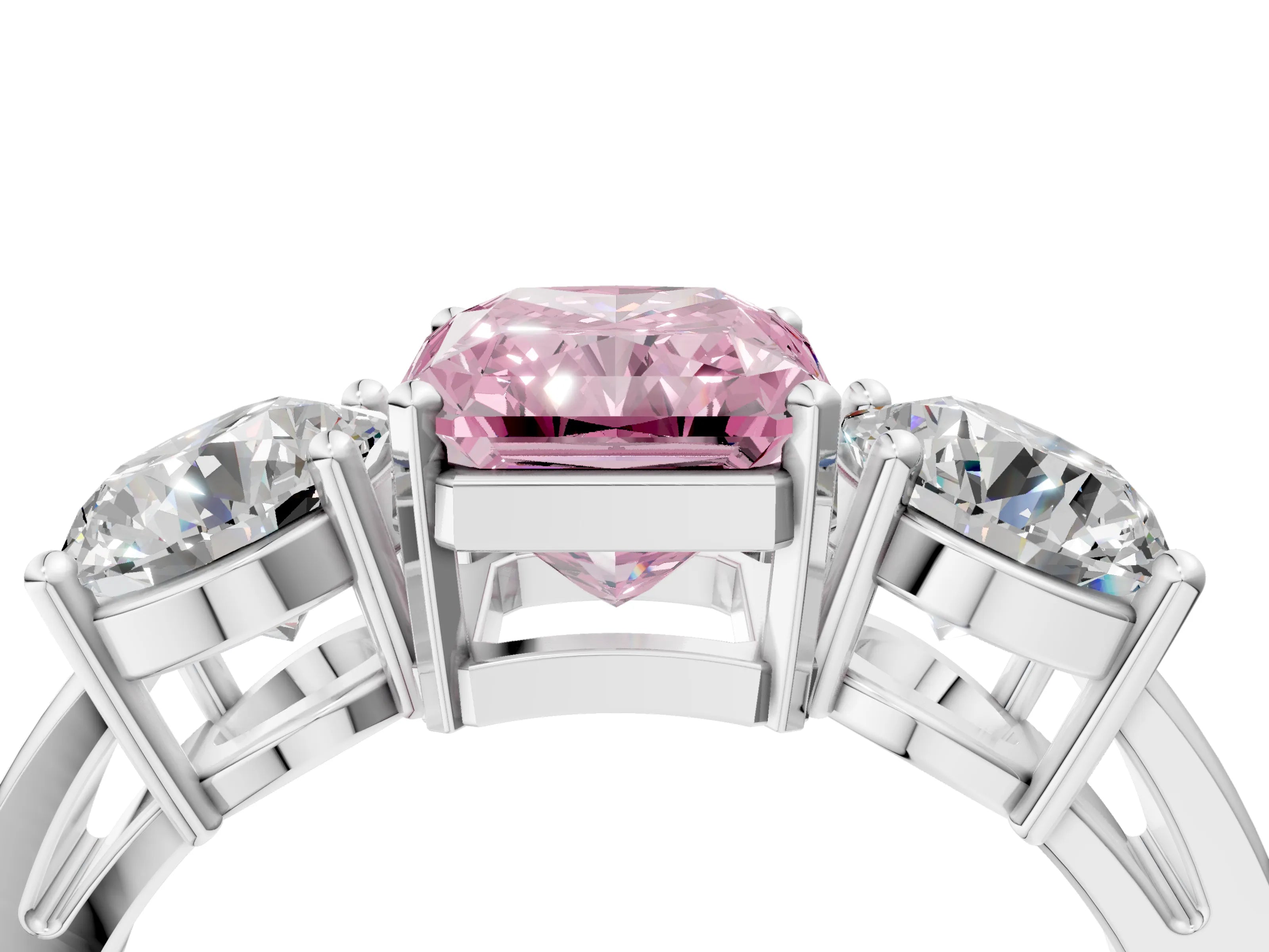 White gold Three-Stone Fancy Pink Radiant Cut Diamond Ring with Round Side Stones, Classic Band, and Four-Prong Setting_4