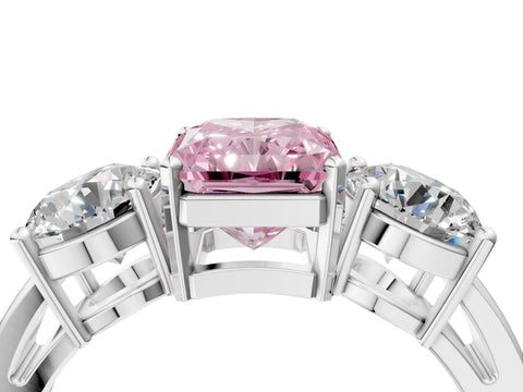 White gold Three-Stone Fancy Pink Radiant Cut Diamond Ring with Round Side Stones, Classic Band, and Four-Prong Setting_4