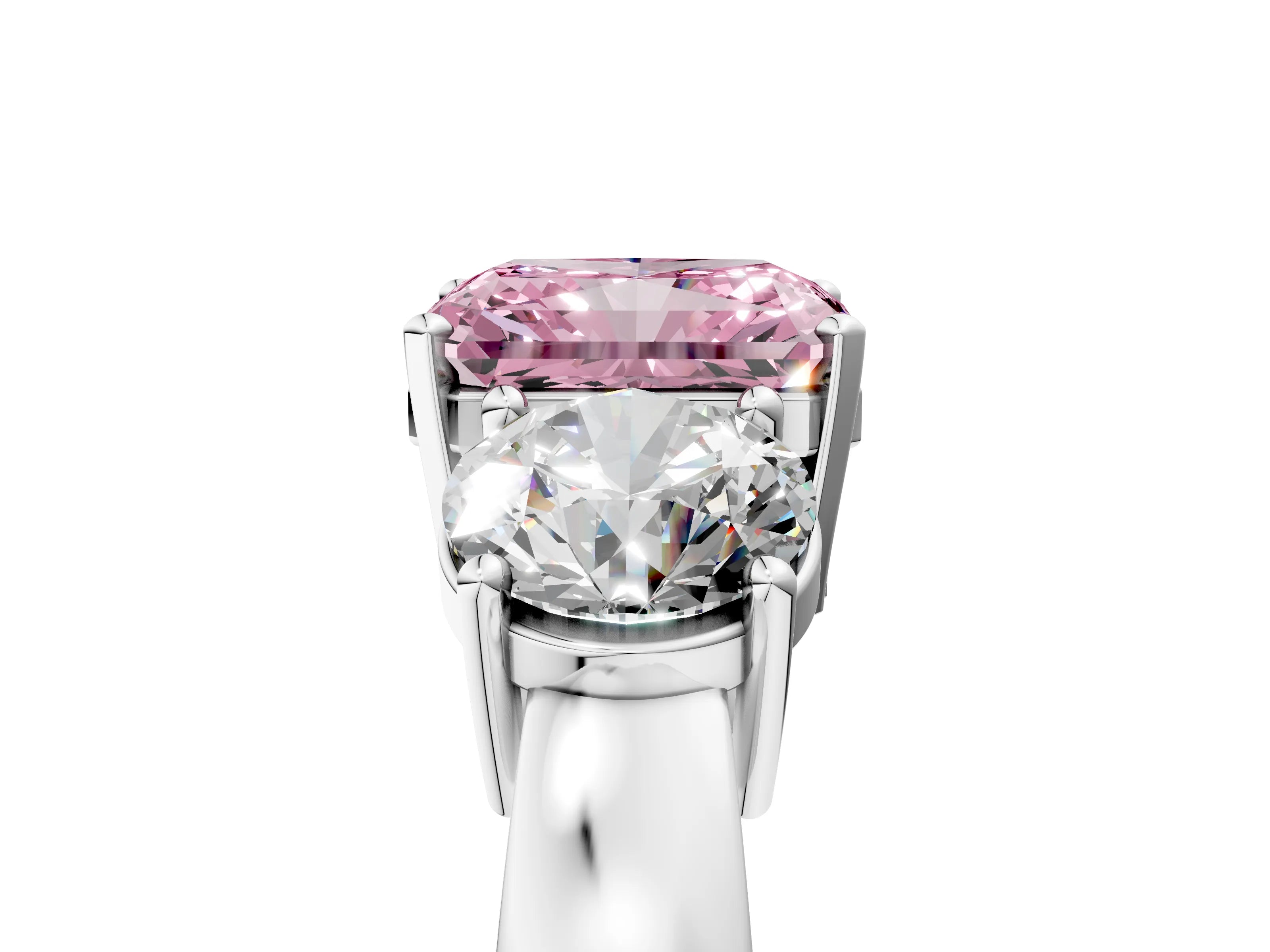White gold Three-Stone Fancy Pink Radiant Cut Diamond Ring with Round Side Stones, Classic Band, and Four-Prong Setting_5