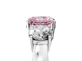 White gold Three-Stone Fancy Pink Radiant Cut Diamond Ring with Round Side Stones, Classic Band, and Four-Prong Setting_5