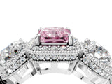 White gold Three-Stone Fancy Pink Radiant Cut Halo Diamond Milgrain Band with Four-Prong Setting_4