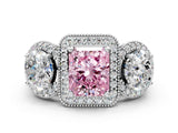 White gold Three-Stone Fancy Pink Radiant Cut Halo Diamond Milgrain Band with Four-Prong Setting