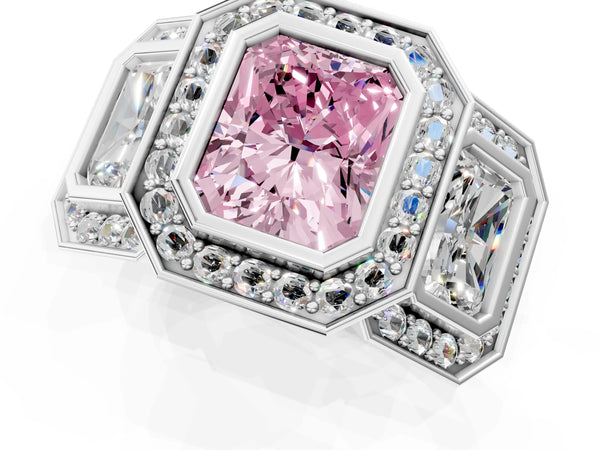 Platinum Radiant Cut Bezel Three Stone Halo Engagement Ring Setting for Fancy Pink Center